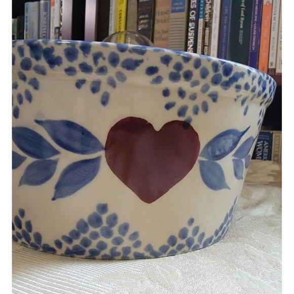 Vintage Bowl w Blue Sponge Glaze & Red Heart / Heavy Stoneware 8.25"D x 4"H 80s - Picture 4 of 12